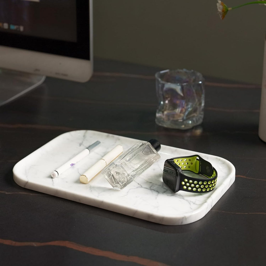Carrara White Marble Bathroom Vanity Tray | Natural Stone Decorative Organizer | Multi-Use for Vanity, Spa, Kitchen, Bedroom | Waterproof & Non-Slip Design,11.8"x7.8"x0.6"