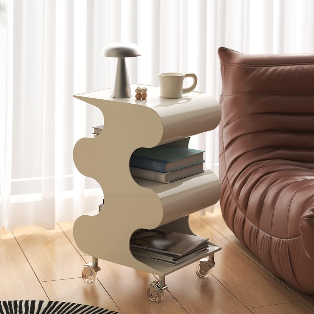S-Shaped ABS Plastic Side Table, Movable Bedside Table with Wheels, Minimalis...