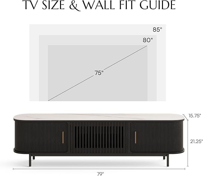 POVISON Fully-Assembled Sliding Tambour Door TV Stand, Mid Century Modern Sintered Stone TV Console, Wood Media Console for 75 Inch TV, Entertainment Center with Storage Cabinet(Black, 78.74")