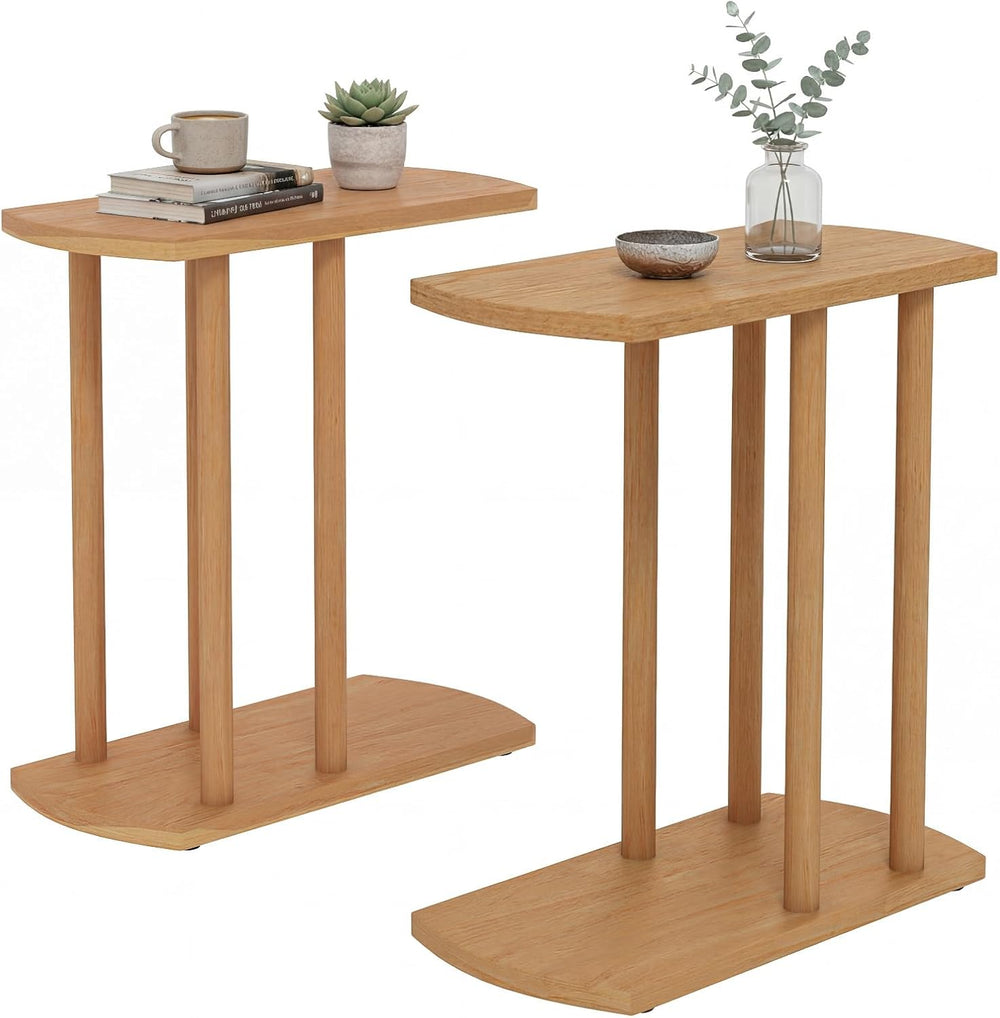 Giantex C-Shaped Teak Wood Side Table, Set of 2 Narrow 2-Tier Couch Tables th...