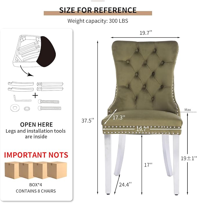 Mid Century Modern Dining Chairs Set of 8, Olive Velvet Upholstered Tufted Ba...