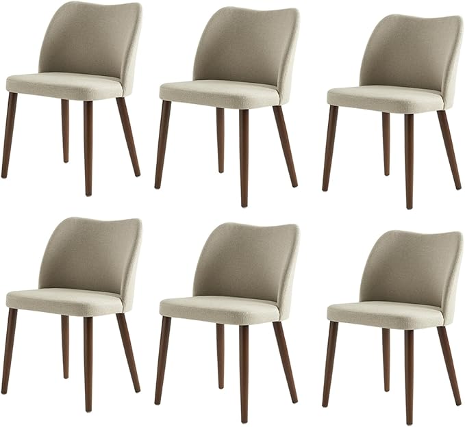 Dining Chairs Set of 6, Upholstered Kitchen Dining Room Chair Set Morden Accent Side Dinner Chair with Curved Padded Back Wood Legs for Restaurant/Cafe, Beige