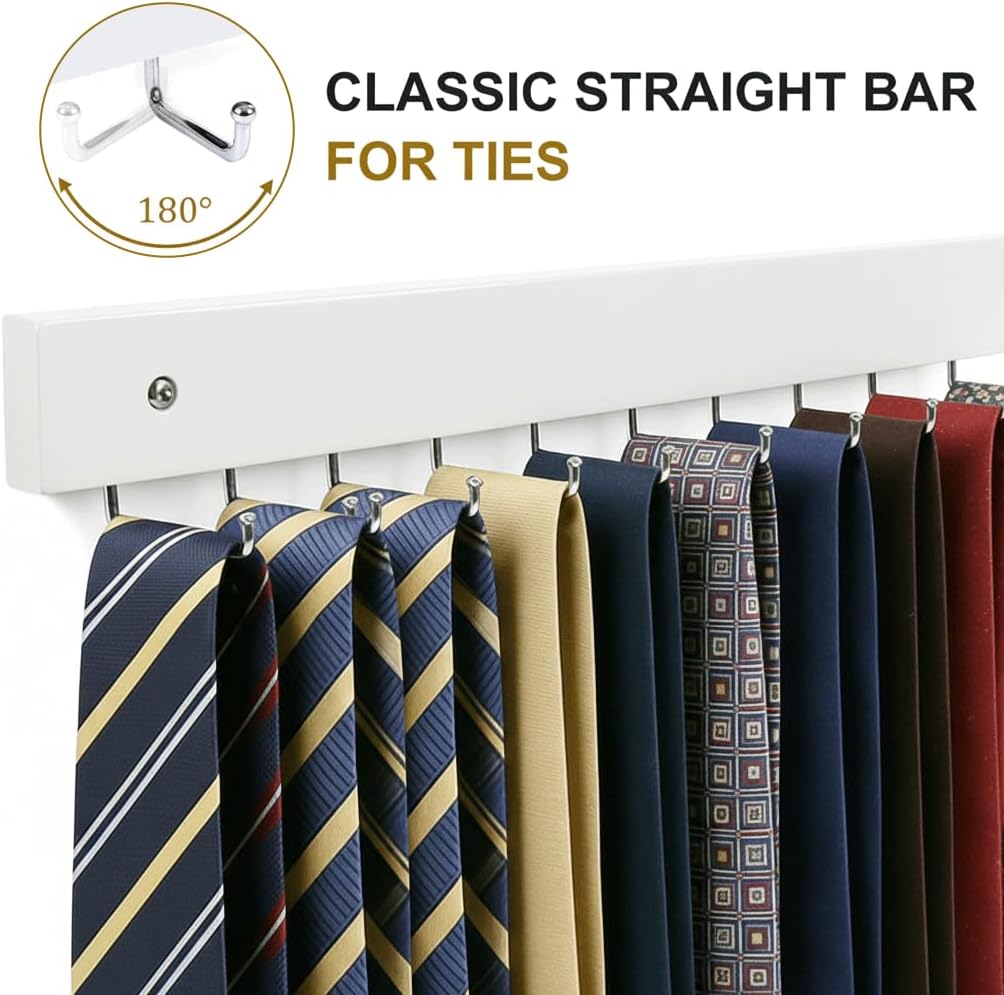 Wall Mounted Tie & Belt Rack Organizer - 2 Pack, 28 Hooks Hold 40 Ties & 40 Belts, 180° Rotating Space Saving Design, Sturdy Wood Decorative Wall Storage (White)
