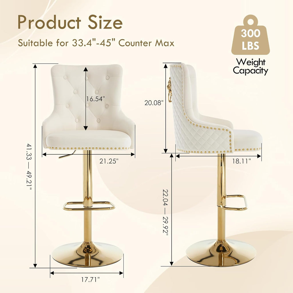 Gold Barstools Set of 4,Velvet Swivel Bar Height Stools with Lion Pull Ring,Upholstered Counter Height Stools with High Tufted Back,Modern Adjustable Bar Chairs for Kitchen Island/Cafe,Cream
