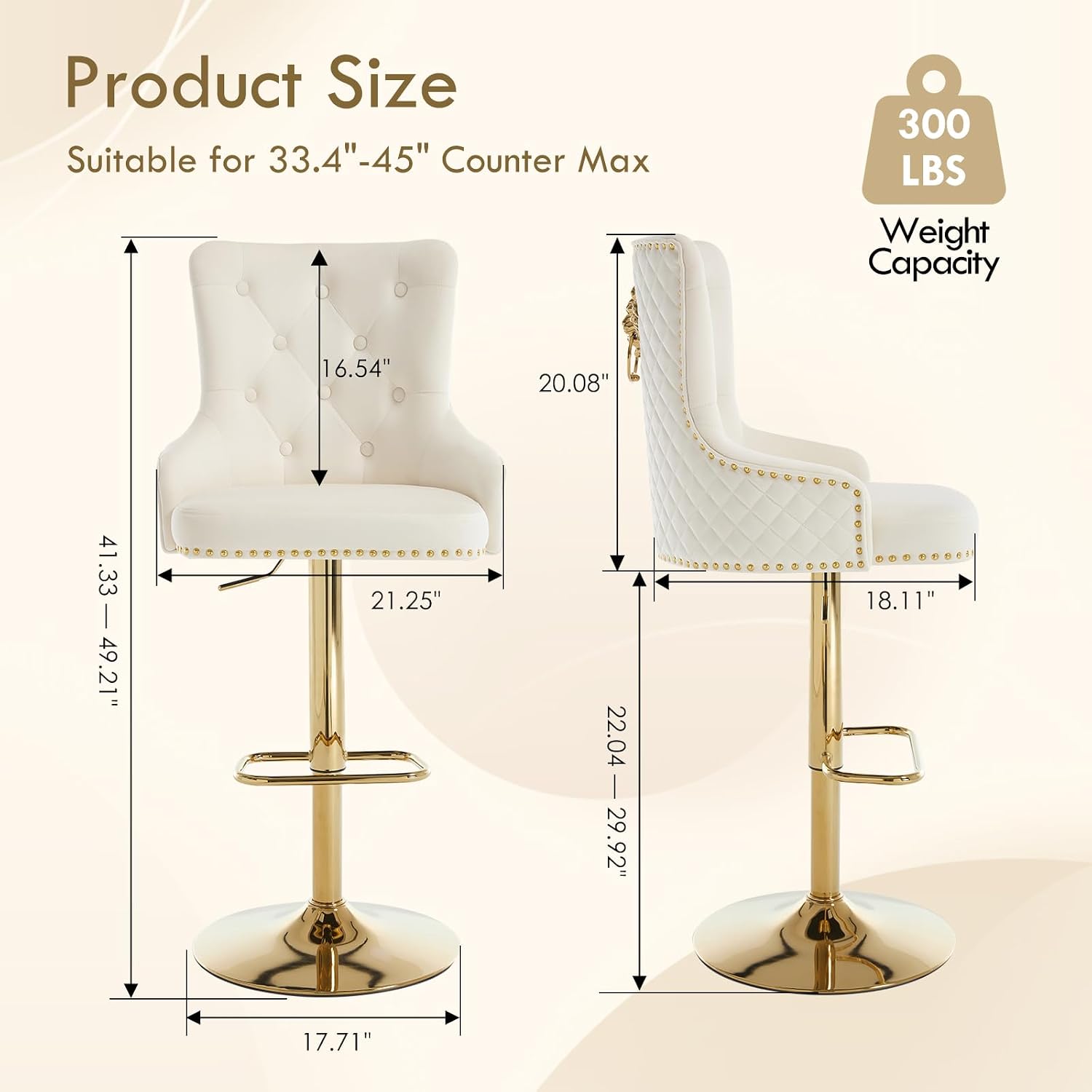 Gold Barstools Set of 4,Velvet Swivel Bar Height Stools with Lion Pull Ring,Upholstered Counter Height Stools with High Tufted Back,Modern Adjustable Bar Chairs for Kitchen Island/Cafe,Cream