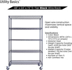 NSF Commercial 5-Tier Wire Shelving with Wheels, 48"x24"x72" Heavy Duty Metal Shelves 4000 lbs Max Capacity, Black Storage Rack for Garage Kitchen Pantry Warehouse