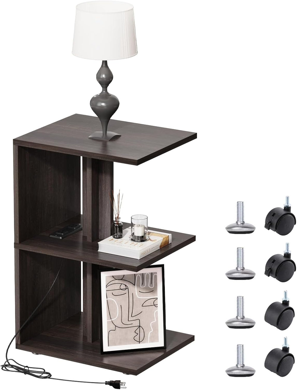 End Table, Side Table, Nightstand, USB Ports and Outlet，3-Tier Storage Shelf,...