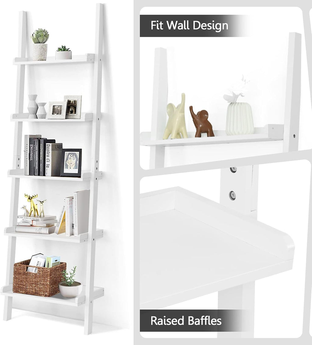 5-Tier Ladder Shelf, Wooden Wall Leaning Bookshelf Rack, Modern Display Storage Bookcase Unit for Home Office Living Room