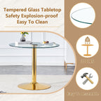 35'' Round Dining Table Set for 4, Glass Kitchen Table Chairs Set of 4, Small Dining Table with Golden Electroplated Metal Leg and Base, 4 PU Dining Chairs with Metal Legs, for Kitchen, Dining Room.