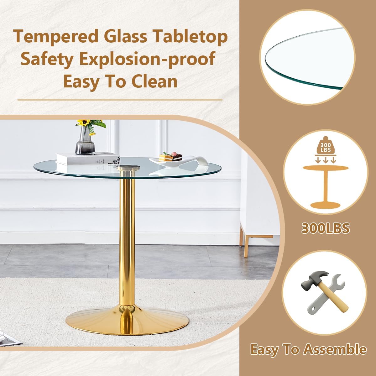 35'' Round Dining Table Set for 4, Glass Kitchen Table Chairs Set of 4, Small Dining Table with Golden Electroplated Metal Leg and Base, 4 PU Dining Chairs with Metal Legs, for Kitchen, Dining Room.
