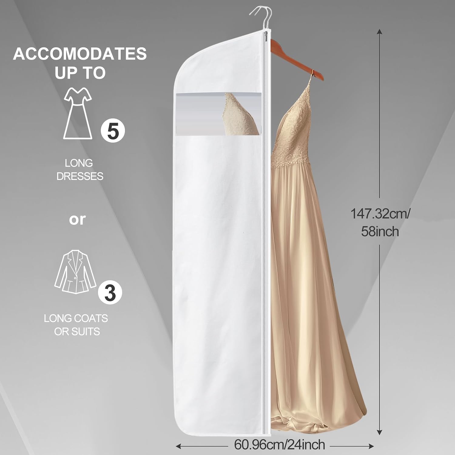 58" 100% Organic Cotton Garment Bags for Hanging Clothes and Storage, Breathable Clothes Covers with Viewing Window and Card Pocket for Short Dresses, Jackets, Suits