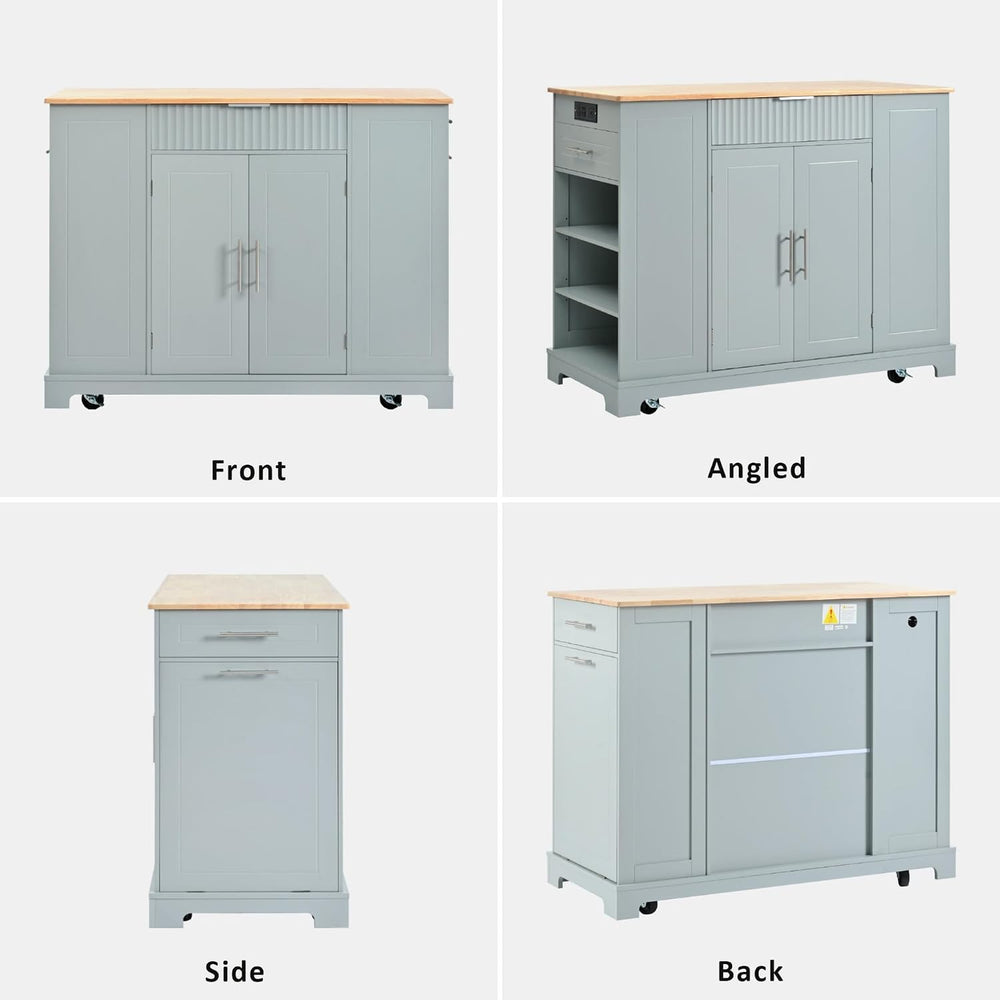 Kitchen Island with Trash Can Storage Cabinet and Power Outlet, Rolling Kitch...