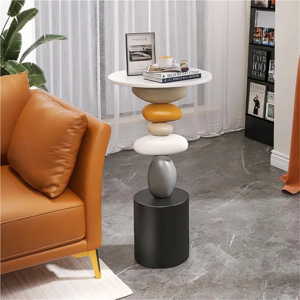 Stone-Shaped Side Table, Resin & Wood End Table, Sofa Side Table for Livi...