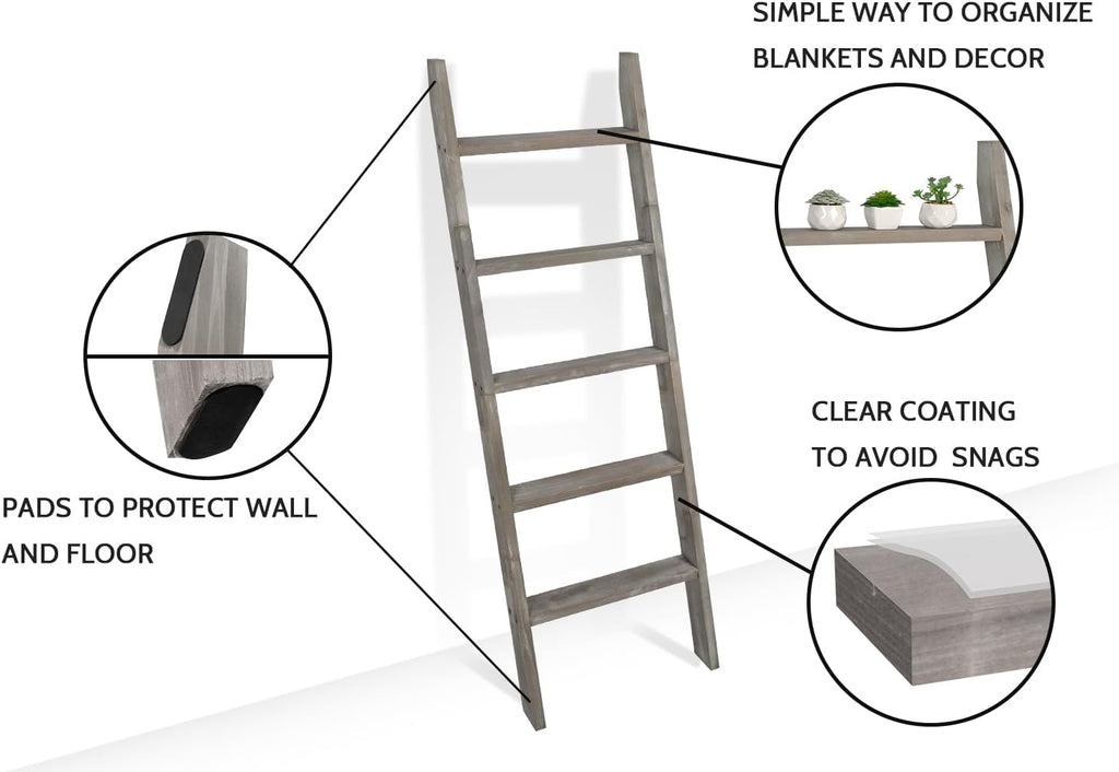 Blanket Ladder, 5ft Rectangle Rung Rustic Solid Wood Decor Rack, Grey | 5 rungs, farmhouse quilt display holder, showcase picture frames or plants, leaning wall, bathroom and living room use