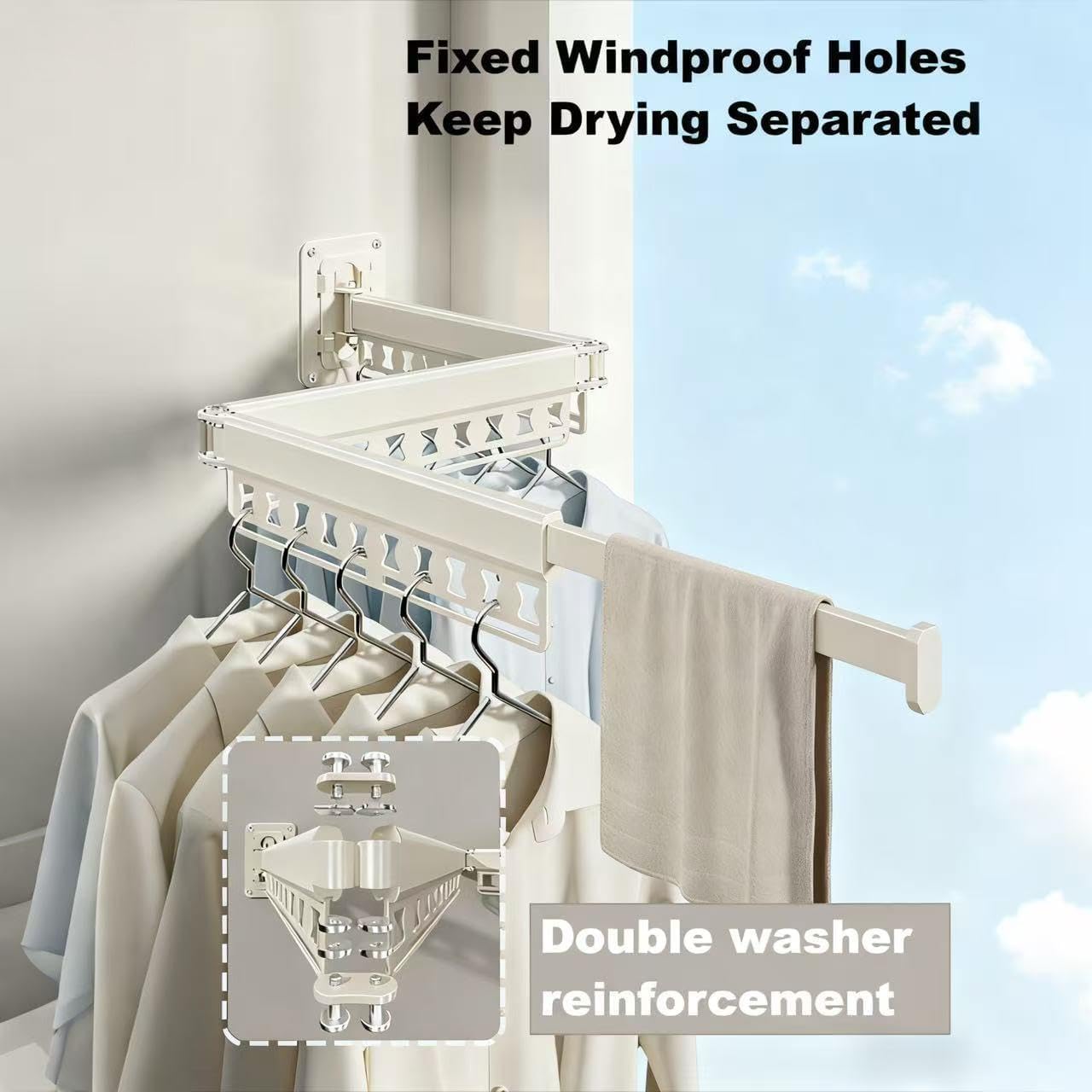 Clothes Drying Rack Wall-Mounted, 3-Fold Retractable Clothes Hanger with Windproof Holes & Detachable Design, Sturdy Foldable Laundry Rack for Balcony, Bathroom Use (Cream White)