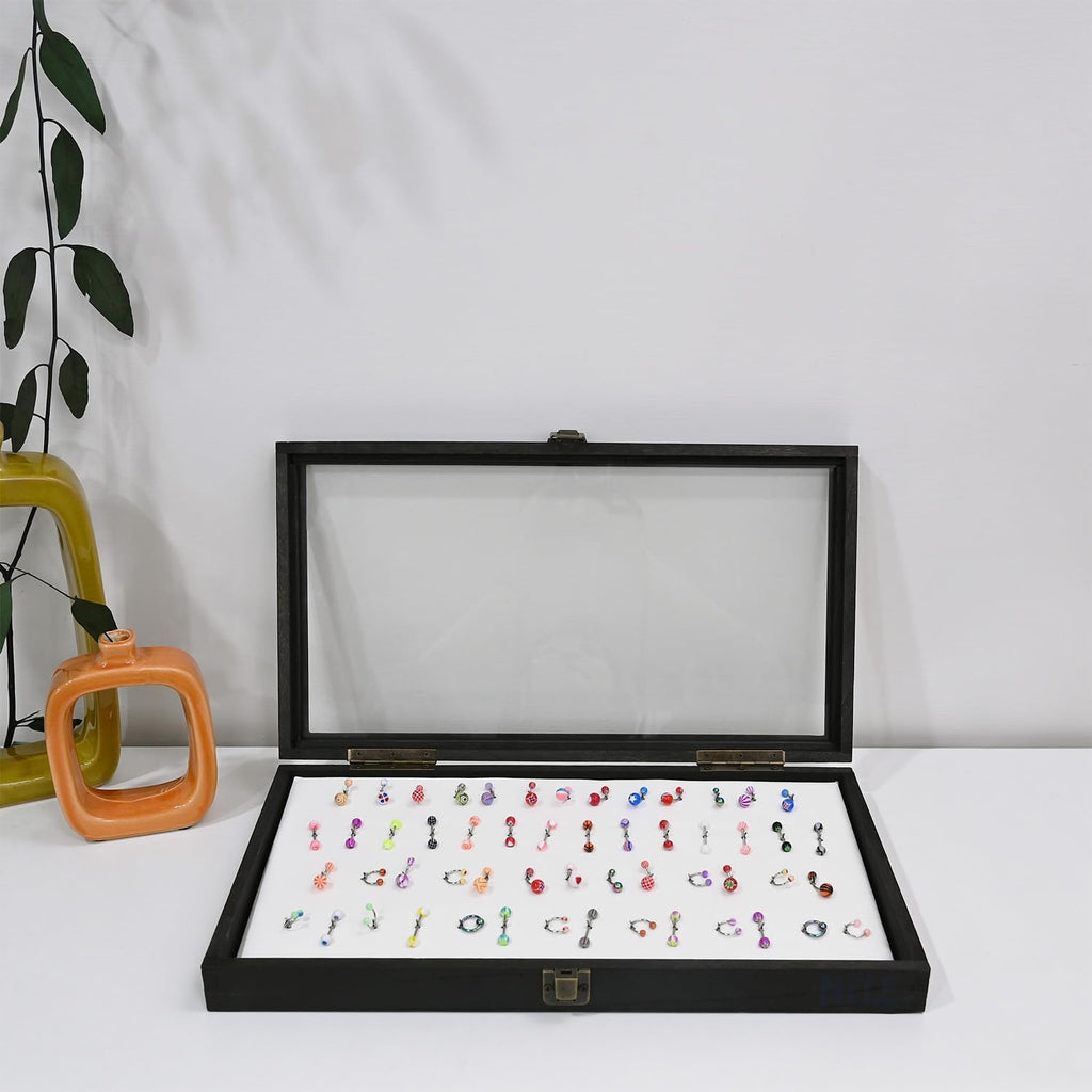 MOOCA Body Jewelry Display Tempered Glass Case with 54 Clips, Black Velvet | Jewelry display case with a tempered-glass lid and 54-clip pad organizes belly rings, tongue rings, and barbells.