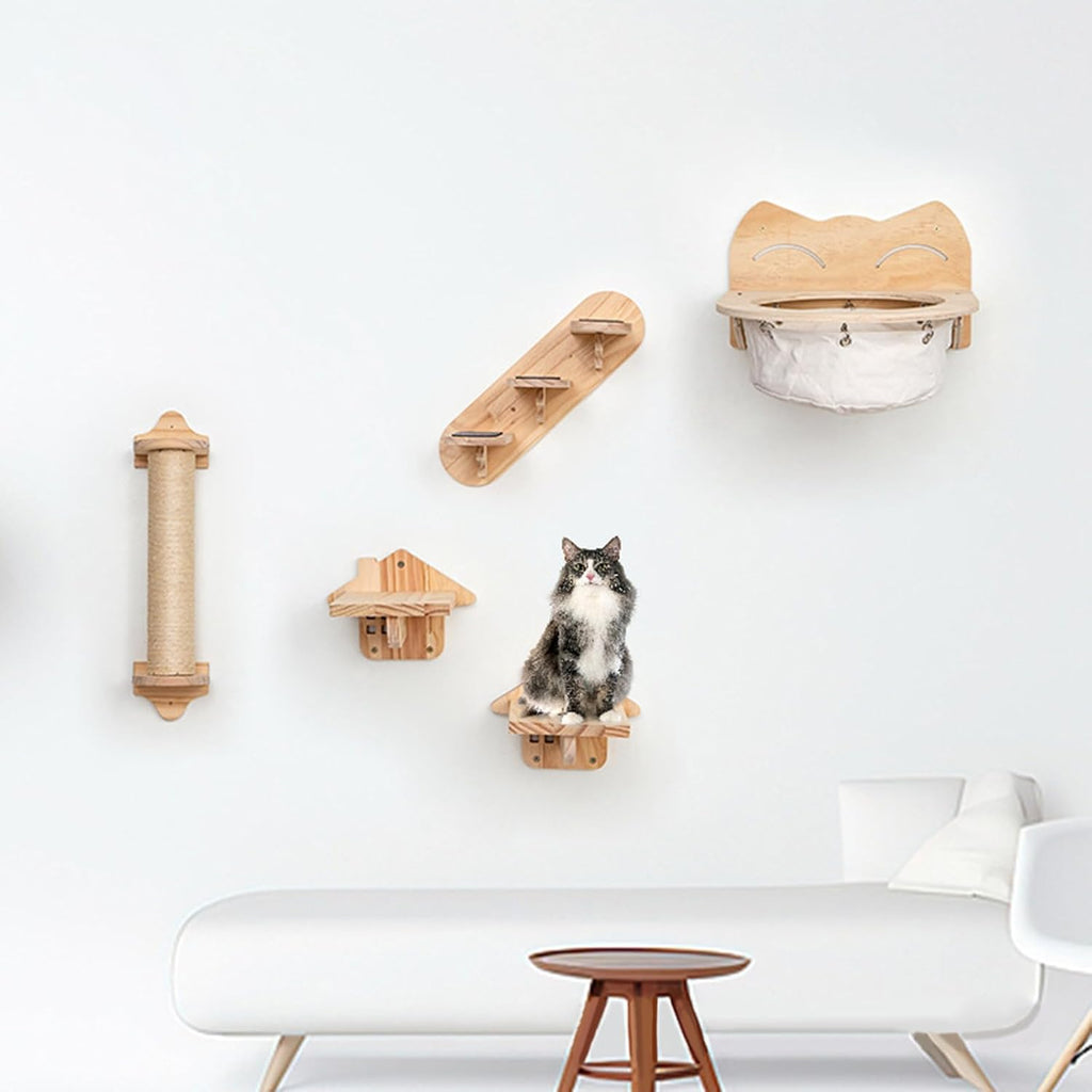 Multi-Level Wooden Wall Perch with Ladder Steps, Felt-Covered Shelves for Climbing & Jumping Activities Wooden Wall Mounted Cats Climbings Frame