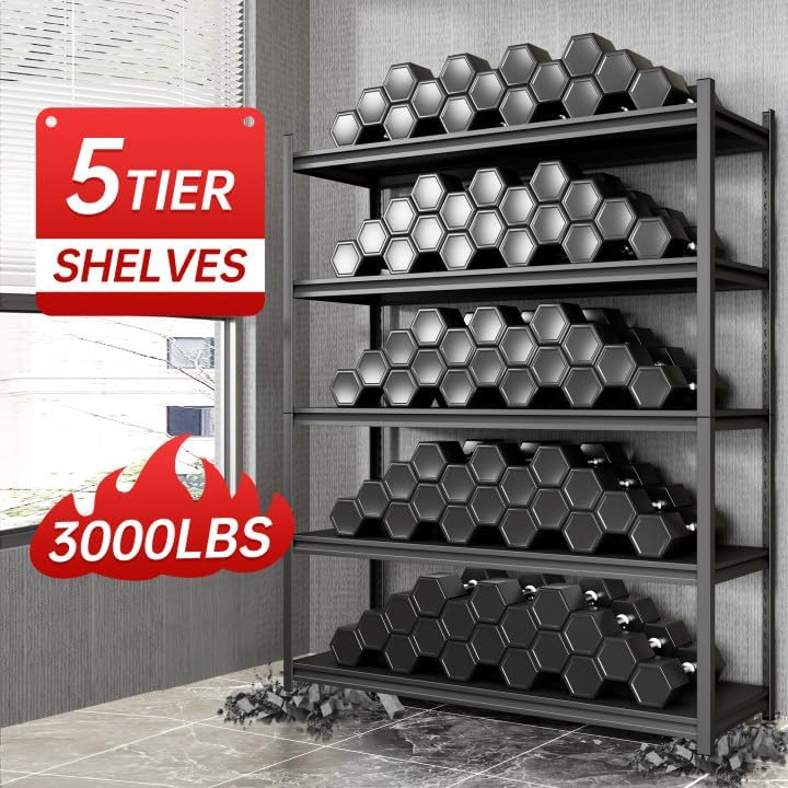 Metal Garage Shelving, Adjustable 5-Tier Heavy Duty Shelving, 3000 LBS Garage Shelving Unit and Storage，Heavy Duty Shelves for Basement,Warehouse，Kitchen (23.6" D*47.2" W*72" H)