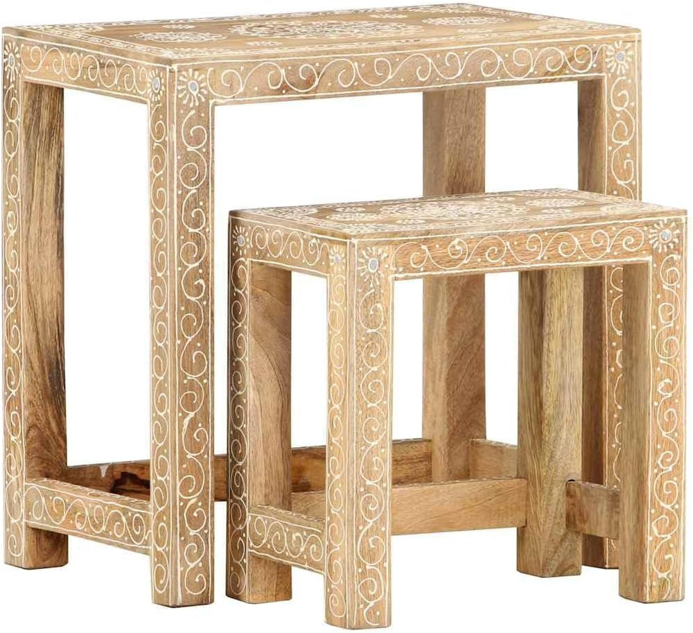 2 Piece Side Table Set Solid Mango Wood Hand-Painted Nesting Tables for Livin...