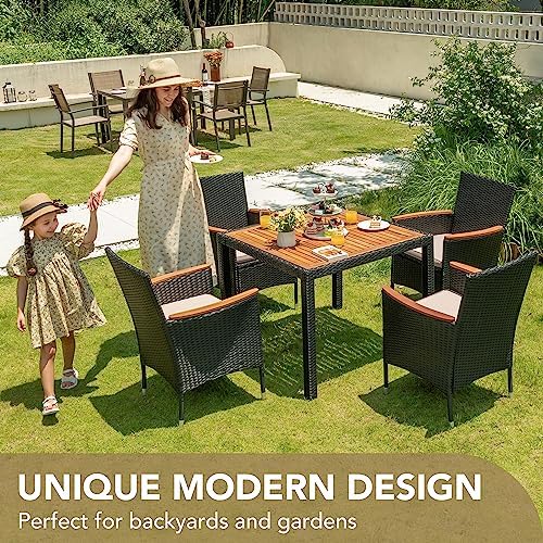 Devoko 5 PCS Acacia Wood Patio Dining Set, Black Rattan