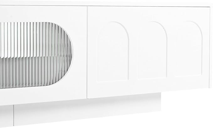 Ball & Cast Modern TV Stand with Fluted Tempered Glass Doors for TVs up to 95'', Entertainment Center w/Led Lights, Cabinets & 2 Drawers,Arched Door Design,Media Console for Living Room,White