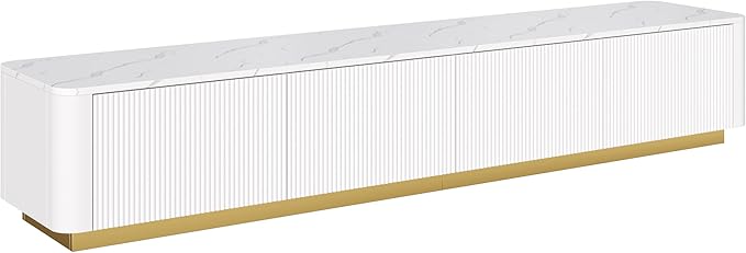 Ball & Cast Luxury Fluted TV Stand with 4 Drawers for TVs up to 85", Modern Media Console w/Faux Marble Tabletop and Gold Base, Curved Profile Design,Entertainment Center for Living Room,White