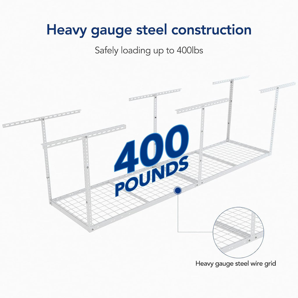 FLEXIMOUNTS 2x8 Overhead Garage Storage Rack,Adjustable Storage Organization System,Heavy Duty Metal Garage Ceiling Storage Racks,400lbs Weight Capacity,White, Classic Series