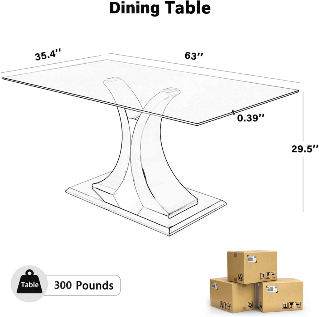 Modern Luxury Glass Dining Table for 4-6, 63'' Clear Tempered Glass Top Dinette Table, Minimalism Large Apartment Rectangle Kitchen Table with Black MDF & Gold Stainless Steel Base