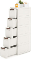 5 Drawers Slim Bathroom Storage Cabinet Dresser, Narrow Plastic Rolling Cart Organizer with Drawers, for Small Spaces, Kitchen, Laundry, Office, Bedroom, White