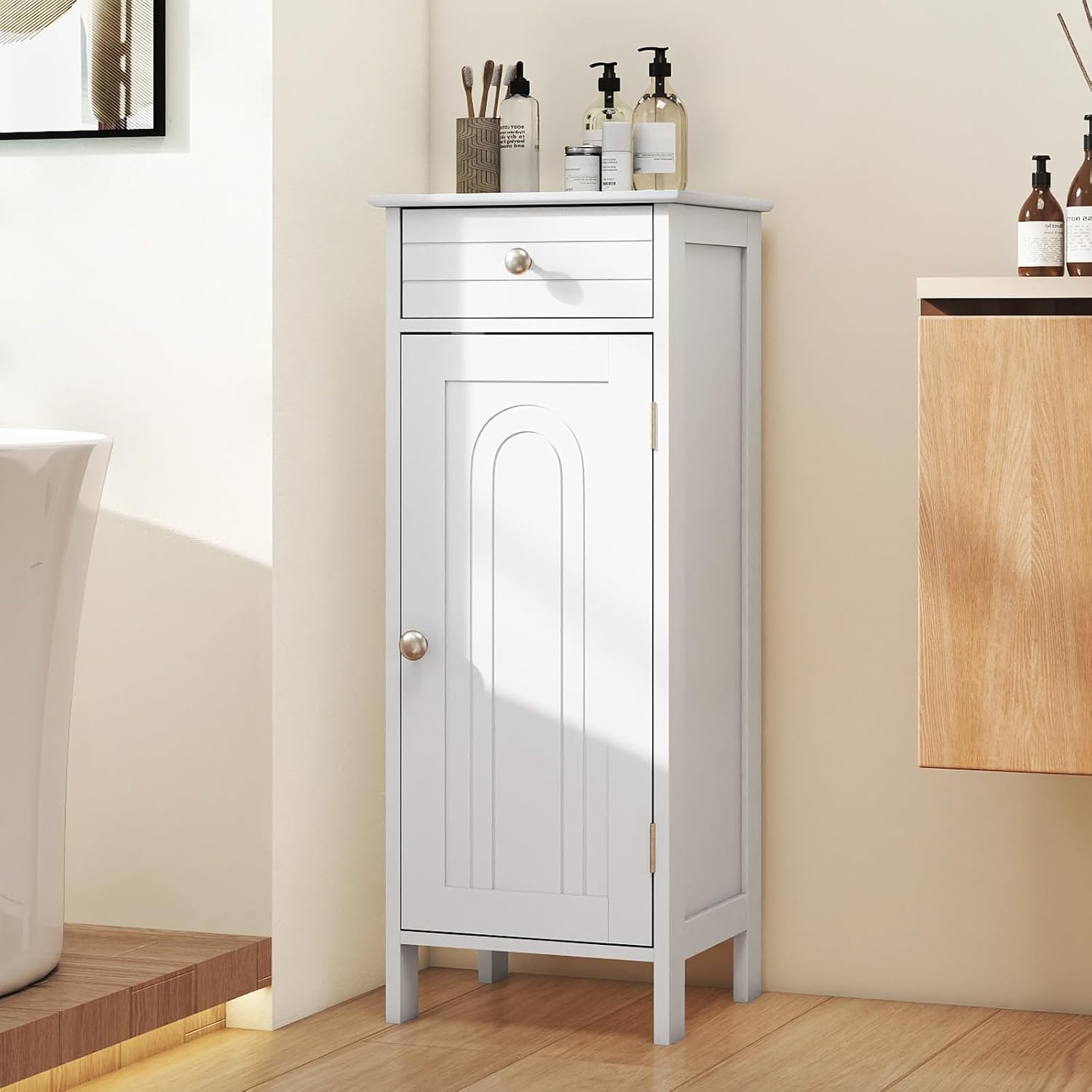 Giantex 34.5" Bathroom Cabinet with Drawer & Single Door (White) | Narrow Side Storage Organizer with 6 Shelf Positions, Freestanding Floor Storage Cabinet for Bathroom, Living Room, Entryway