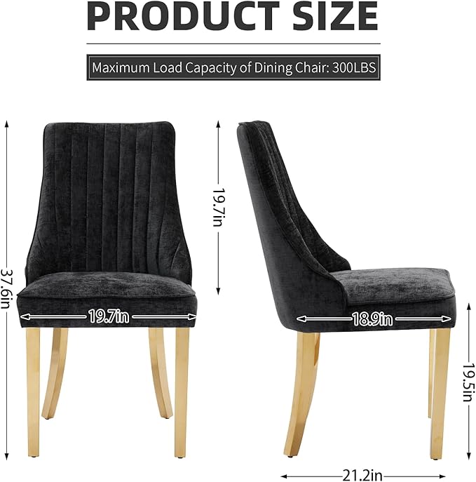 Dining Chairs Set of 4，Modern Channel Tufted Upholstered Dining Chairs with Golden Stainless Steel Legs, Comfortable Chenille Fabric Kitchen Chairs for Dining Room (Black, 4pc)
