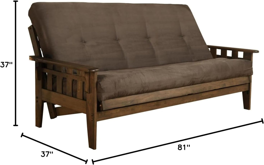 FutonX Rustic Walnut Frame and Mattress Set with Choice to add Drawers, 8 Inch Innerspring Futon Sofa Bed Full Size Wood (Grey Matt and Frame (No Drawers))