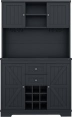 Farmhouse Kitchen Buffet Cabinet with Storage, Dark Blue Food Pantry Organizer with Wine Racks, Glass Shelves & Drawers for Dining Room