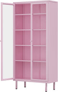 INTERGREAT 67” H Glass Display Cabinet, Metal Curio Cabinet with Tempered Glass Doors & Adjustable Shelves, Metal Storage Cabinets for Living Room, School, Plant, Pink, Assembly Required