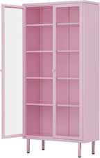 INTERGREAT 67” H Glass Display Cabinet, Metal Curio Cabinet with Tempered Glass Doors & Adjustable Shelves, Metal Storage Cabinets for Living Room, School, Plant, Pink, Assembly Required