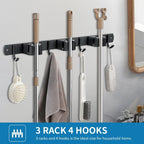 2 Pack Broom Hanger and Mop Holder, Heavy Duty Garden Tool Organizer Rack Rake and Shovel Handle, Stainless Steel Wall Mounted Utility Rack with Screws (5 Racks with 4 Hooks, Matte Black).