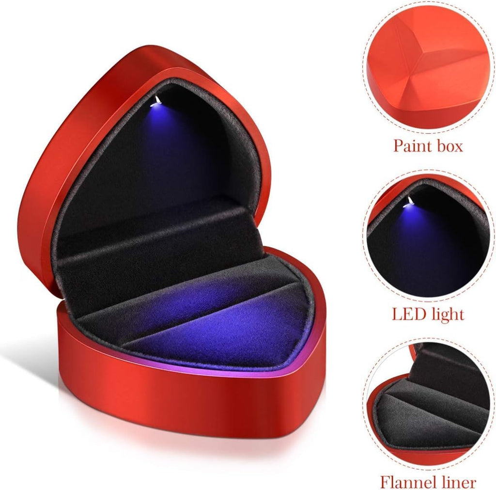 Heart Ring Box with LED Light, Luxury LED Lighted Engagement Ring Box, Velvet Earrings Jewelry Case with Light, Jewelry Display Box for Wedding, Engagement, Proposal, Birthday and Anniversary-Red