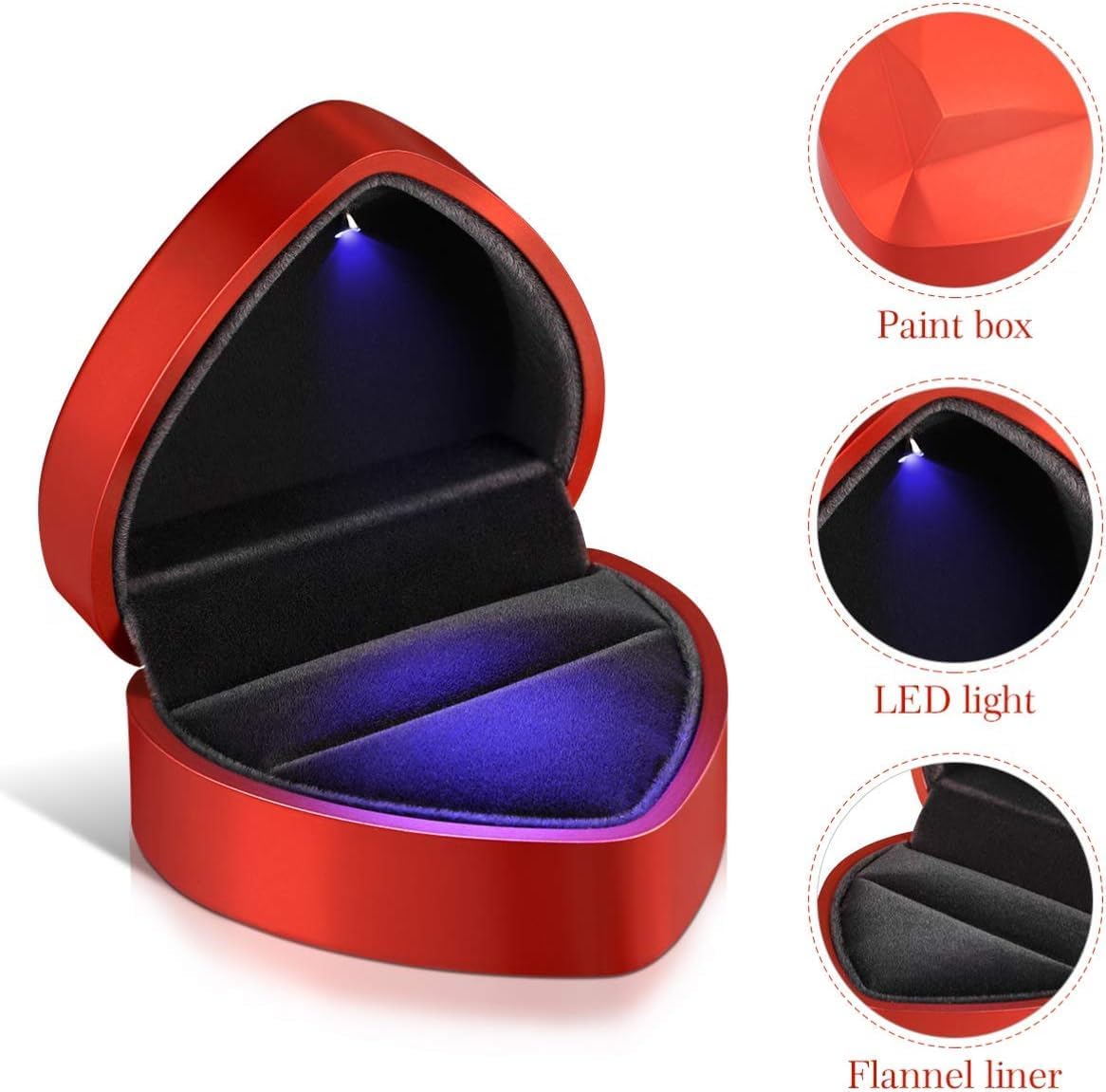 Heart Ring Box with LED Light, Luxury LED Lighted Engagement Ring Box, Velvet Earrings Jewelry Case with Light, Jewelry Display Box for Wedding, Engagement, Proposal, Birthday and Anniversary-Red