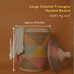 Tall Large Decorative Wicker Storage Basket with Lid, Laundry Hamper, Blanket Storage, Toys Bin, Clothes Holder, Boho Style (Colorful Triangles)