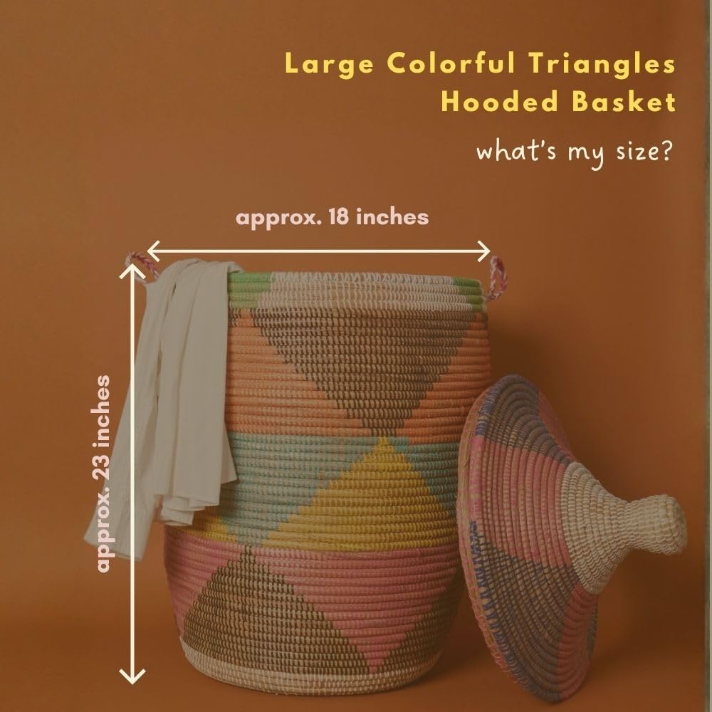Tall Large Decorative Wicker Storage Basket with Lid, Laundry Hamper, Blanket Storage, Toys Bin, Clothes Holder, Boho Style (Colorful Triangles)