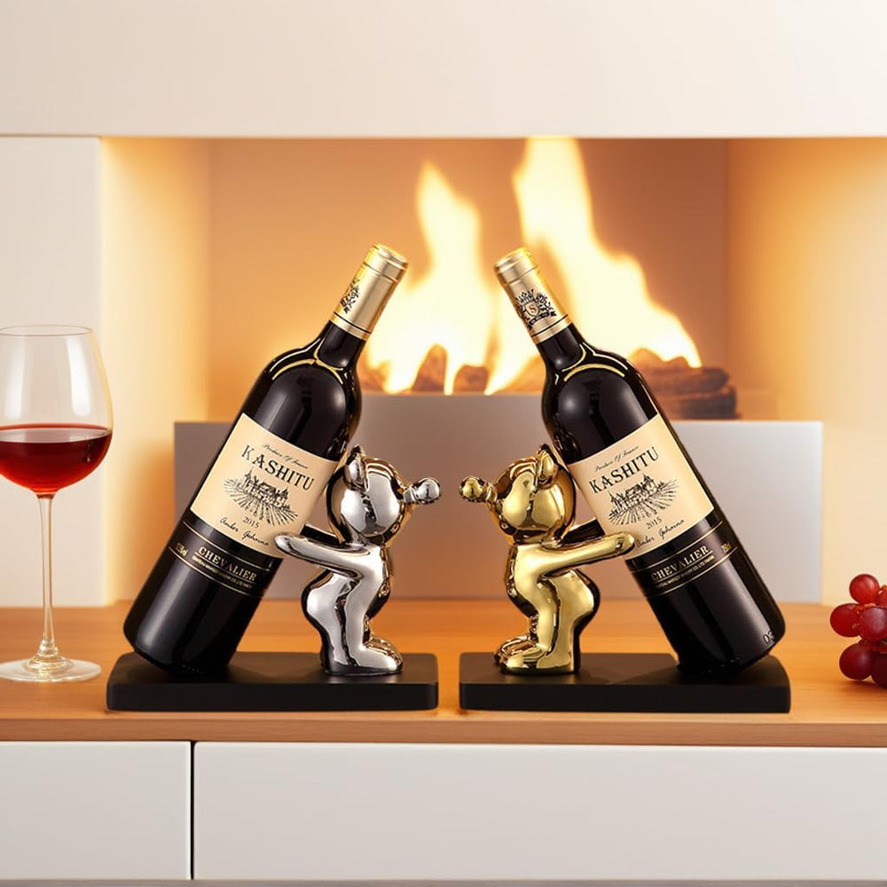 Decorative Wine Bottle Holder Stand, Gold and Silver Bear Figurines, 8.5 x 4 ...