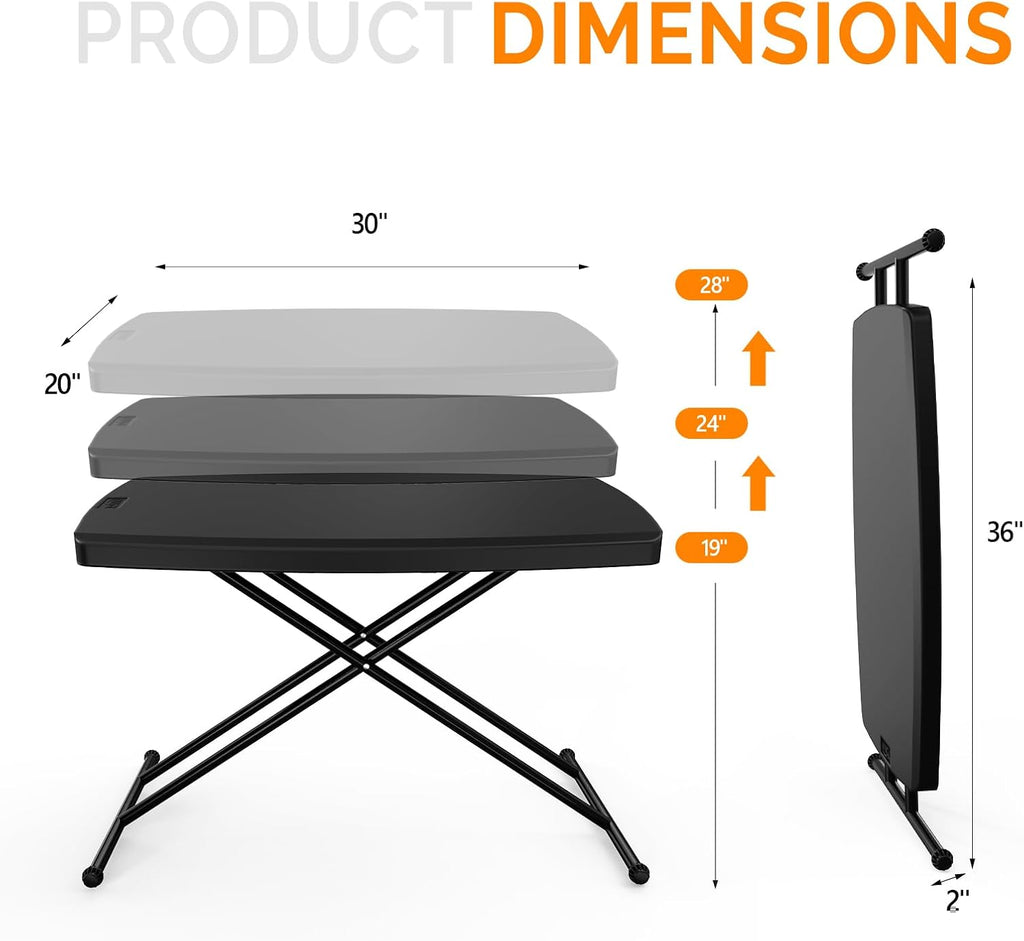 VINGLI 30" Small Folding Table Portable, Laptop TV Tray, Camping Table | 3 Ajustable Height, HDPE Top with Steel Frame,Black- Small Office Spaces, Gaming Station, a Craft Table or Dining