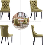 Velvet Dining Chairs Set of 4, Tufted Upholstered Wingback with Back Ring Pull Trim, Solid Wood Legs (Olive Green) for Dining, Living, Kitchen