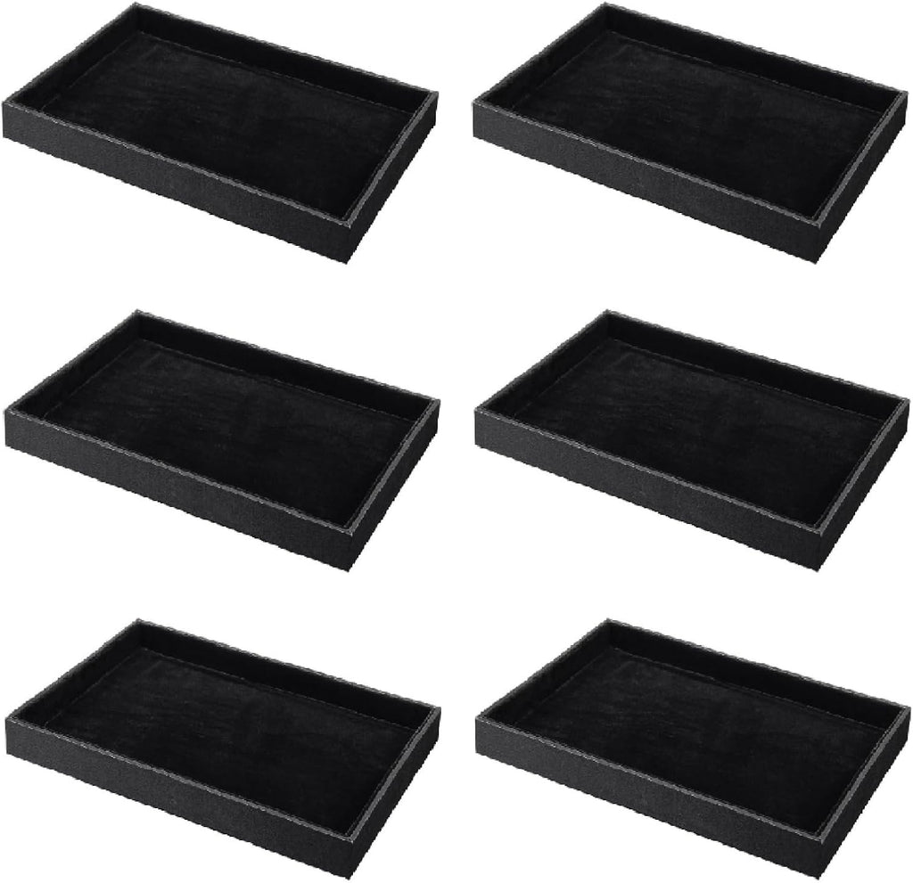 Quelay 6 Pcs Velvet Stackable Jewelry Tray Showcase Display, Jewelry Organizer Tray Bracelet Ring Earring Necklace Organizer Empty Plate for Drawers Countertop (Black)