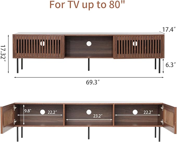HOMMPA 70 Inch TV Stand for TVs Up to 80'', Mid Century TV Stand with Slatted Door Design, Modern Media Console with Storage Cabinet & Drawer, Entertainment Center for Livingroom, Walnut