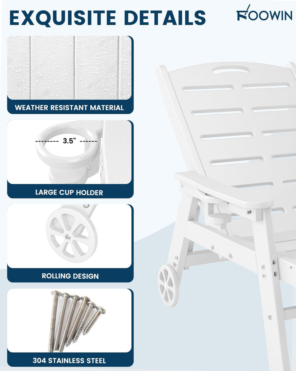 FOOWIN Chaise Lounge Chair, HDPE Lounge Chair Outdoor with 5 Positions, Overs...