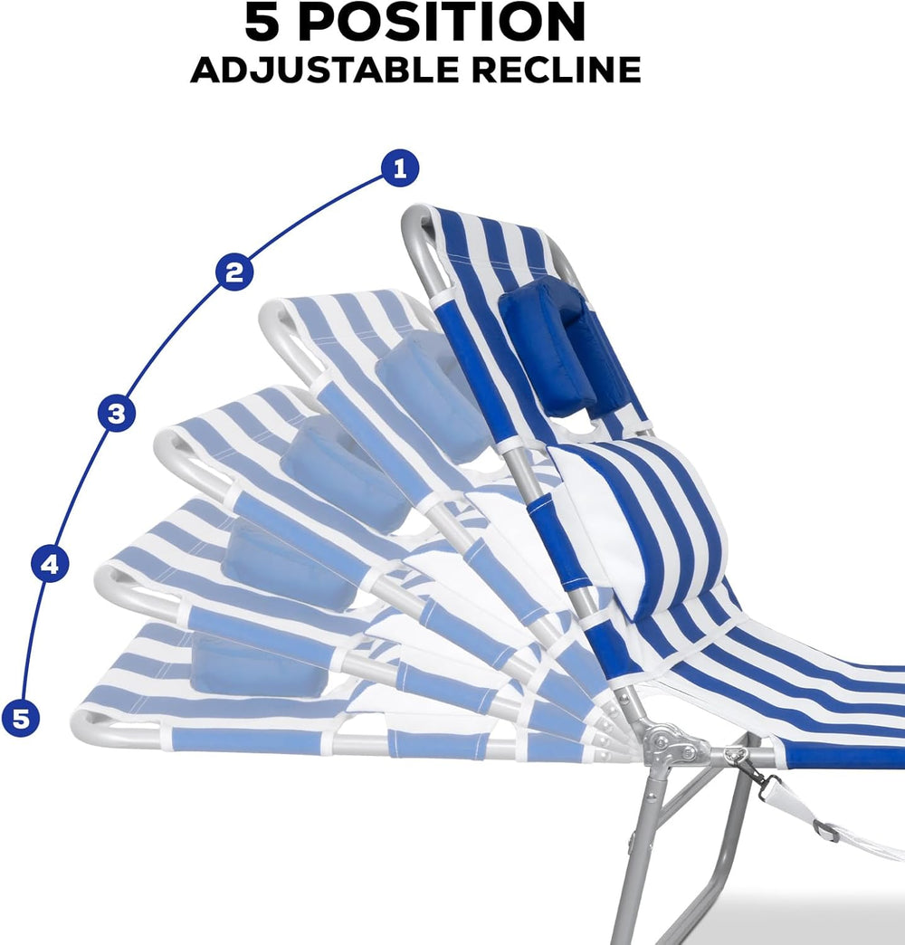 Romswi 2PK Folding Tanning Beach Chair with Face Hole, 5-Position Reclining S...