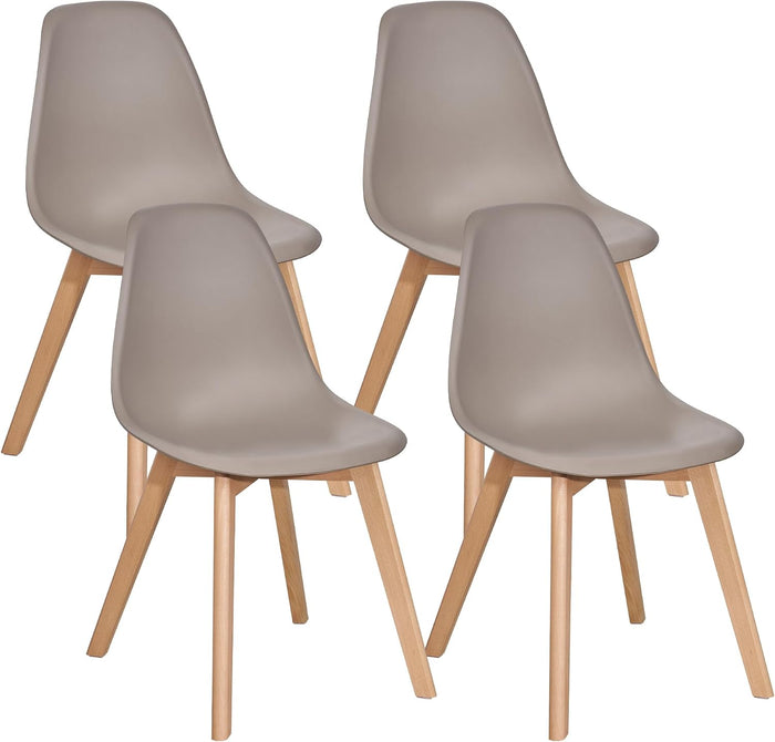 VECELO Dining Chairs Set of 4, Mid-Century Modern Kitchen & Dining Room Chairs, Molded Plastic Seat & Back, Solid Wood Legs, Armless, Non-Slip Feet, Grey