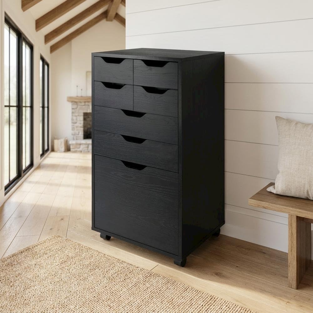 Furnifact Black Tall Mobile Storage Cabinet with Bins and Drawers, Rolling Or...