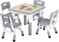 Arlopu Kids Table and 4 Chairs Set, Anti-Slip Toddler Activity Desk | Height Adjustable ((18.9"–23.6"), Wipe-Clean Desktop, Montessori Learning, Drawing, Classroom, Home & Daycare (Grey)